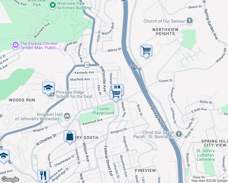 map of restaurants, bars, coffee shops, grocery stores, and more near 2604 Perrysville Avenue in Pittsburgh