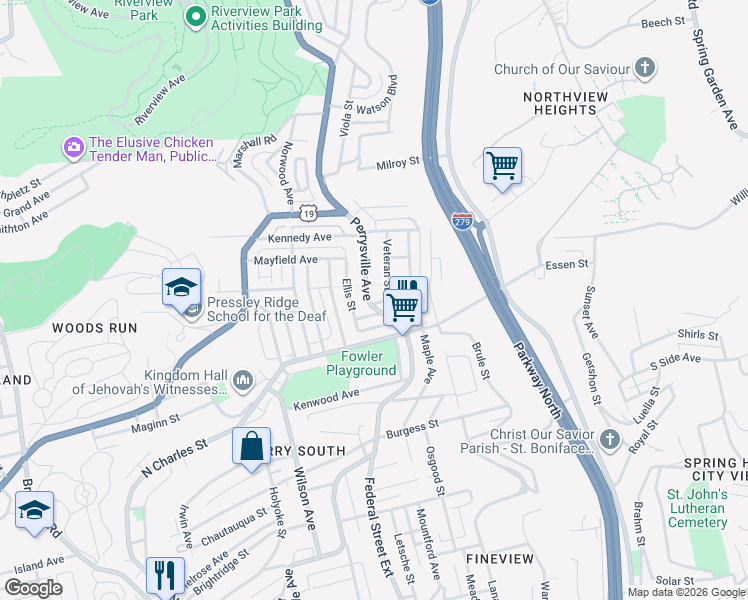 map of restaurants, bars, coffee shops, grocery stores, and more near 12 Ellzey Street in Pittsburgh