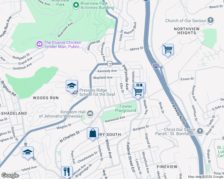 map of restaurants, bars, coffee shops, grocery stores, and more near 2636 Norwood Avenue in Pittsburgh