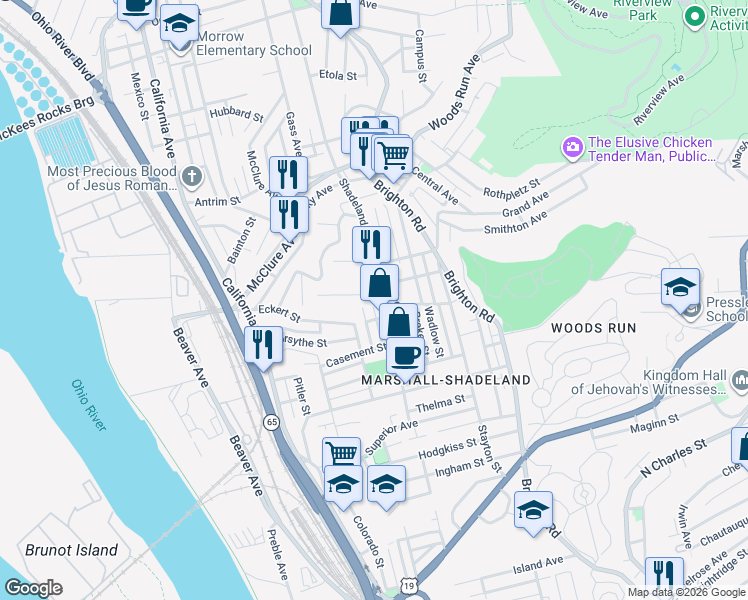map of restaurants, bars, coffee shops, grocery stores, and more near 2929 Shadeland Avenue in Pittsburgh
