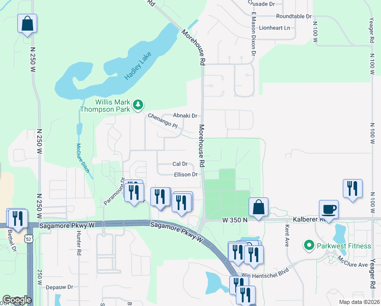 map of restaurants, bars, coffee shops, grocery stores, and more near 1854 Cal Drive in West Lafayette