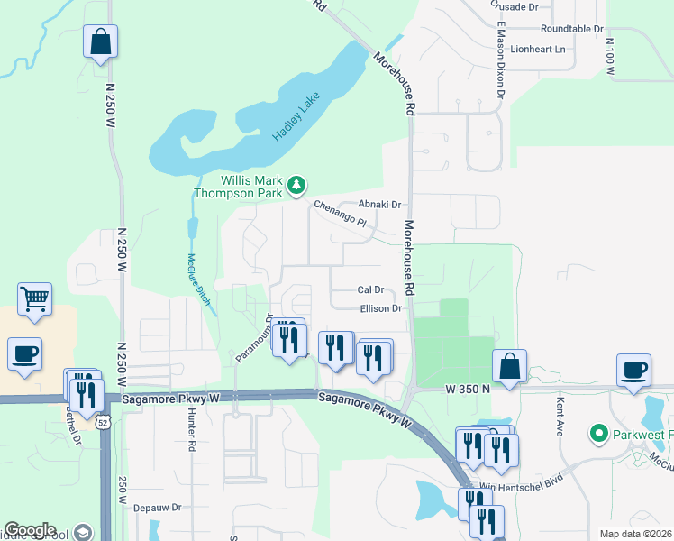 map of restaurants, bars, coffee shops, grocery stores, and more near 3716 Ellison Drive in West Lafayette