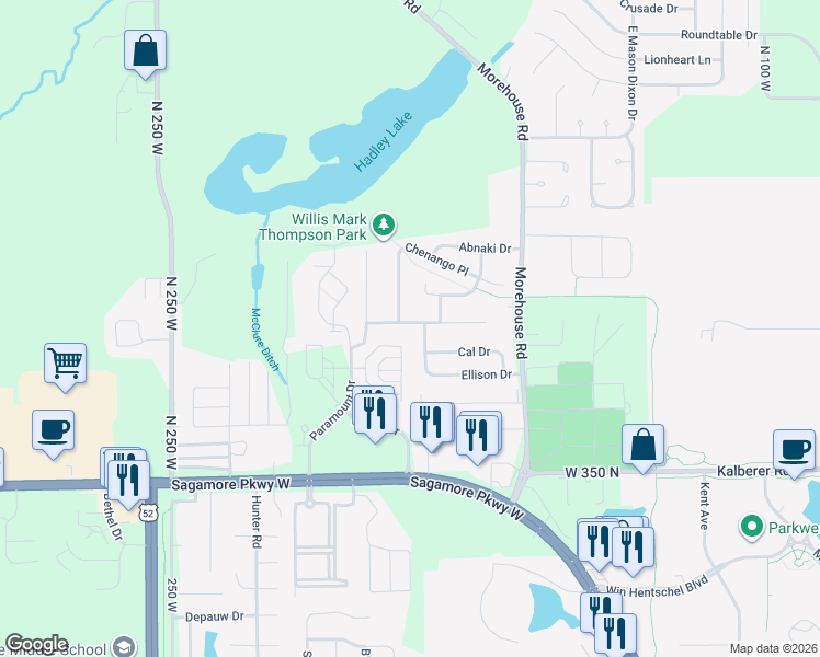 map of restaurants, bars, coffee shops, grocery stores, and more near 3716 Ellison Drive in West Lafayette
