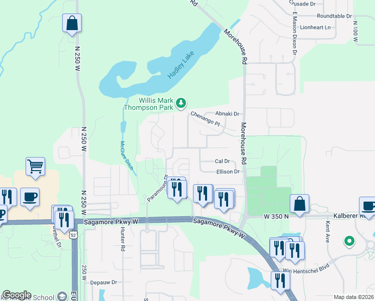 map of restaurants, bars, coffee shops, grocery stores, and more near 2066 Puget Drive in West Lafayette