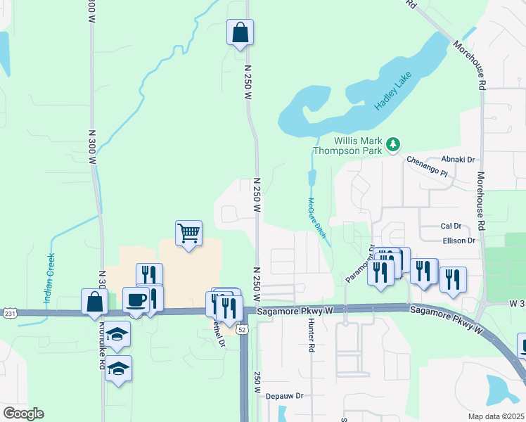 map of restaurants, bars, coffee shops, grocery stores, and more near 3701 North 250 West in West Lafayette
