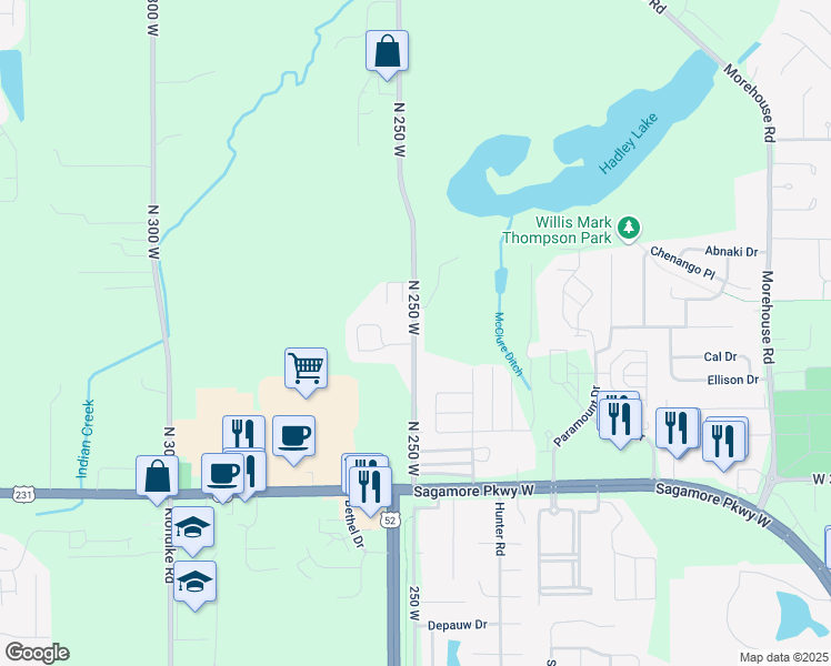 map of restaurants, bars, coffee shops, grocery stores, and more near 3701 North 250 West in West Lafayette