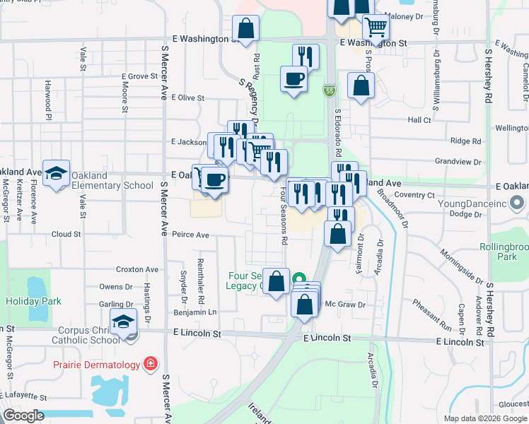 map of restaurants, bars, coffee shops, grocery stores, and more near 8 Ross Drive in Bloomington