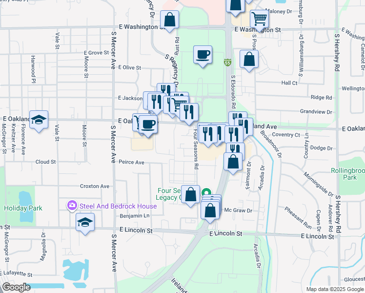 map of restaurants, bars, coffee shops, grocery stores, and more near 8 Ross Drive in Bloomington