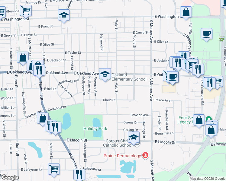 map of restaurants, bars, coffee shops, grocery stores, and more near 713 Vale Street in Bloomington