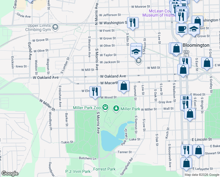 map of restaurants, bars, coffee shops, grocery stores, and more near 911 West Wood Street in Bloomington