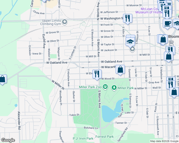 map of restaurants, bars, coffee shops, grocery stores, and more near 1304 West Elm Street in Bloomington