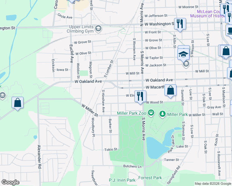 map of restaurants, bars, coffee shops, grocery stores, and more near 1402 West Elm Street in Bloomington