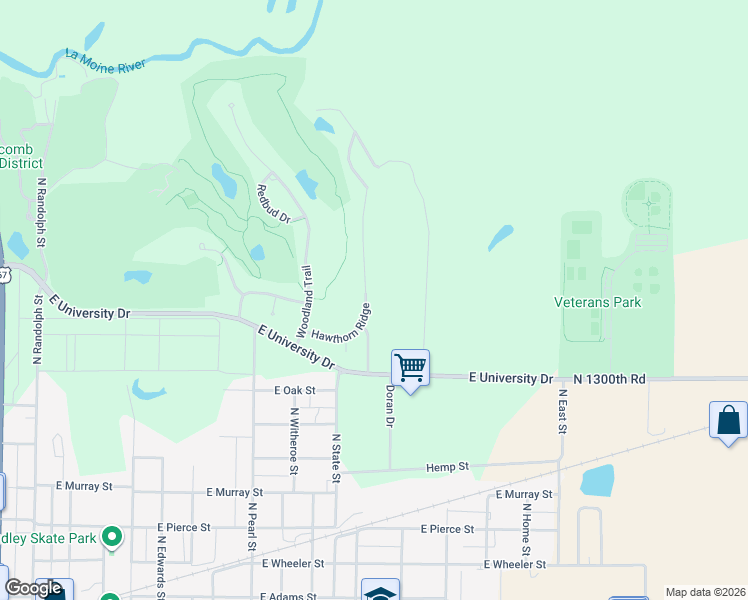 map of restaurants, bars, coffee shops, grocery stores, and more near 1100-1120 Hawthorn Ridge in Macomb