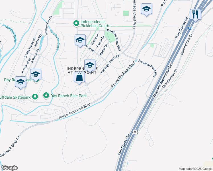 map of restaurants, bars, coffee shops, grocery stores, and more near 15378 South Skyraider Lane in Bluffdale