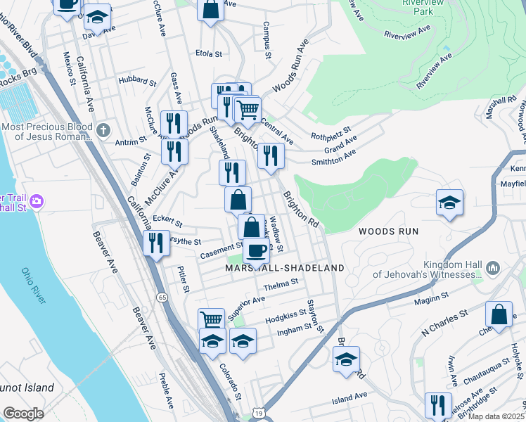 map of restaurants, bars, coffee shops, grocery stores, and more near 2920 Breker Street in Pittsburgh