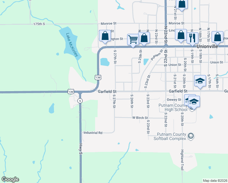 map of restaurants, bars, coffee shops, grocery stores, and more near South 27th Street in Unionville