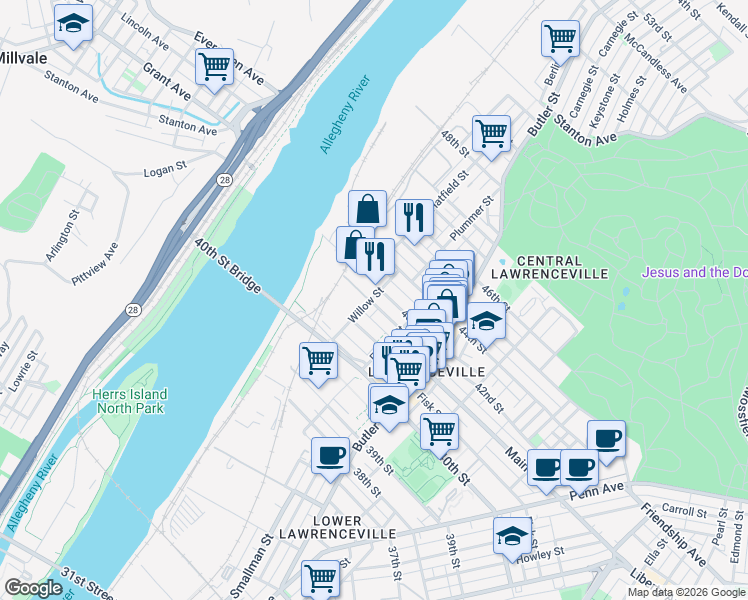 map of restaurants, bars, coffee shops, grocery stores, and more near 109 42nd Street in Pittsburgh