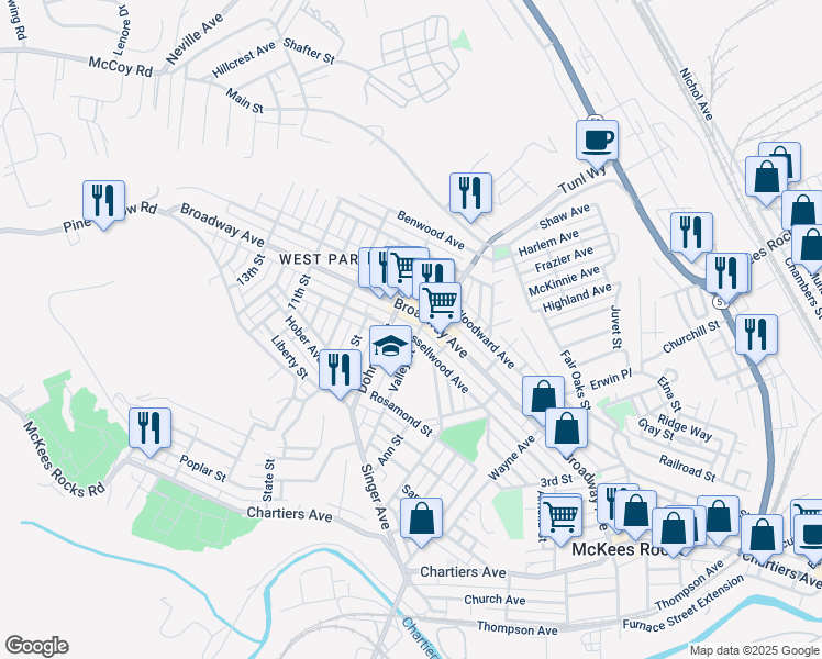 map of restaurants, bars, coffee shops, grocery stores, and more near 704 Russellwood Avenue in McKees Rocks