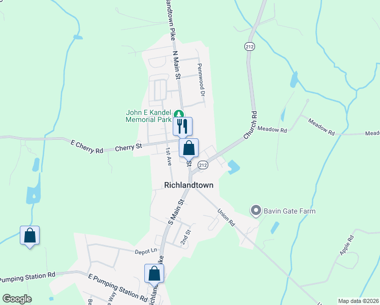map of restaurants, bars, coffee shops, grocery stores, and more near 15 North Main Street in Richlandtown