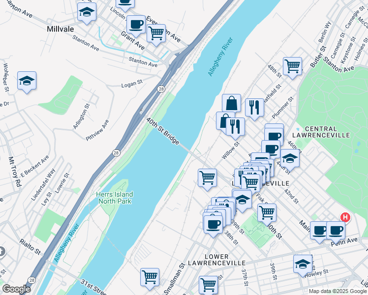 map of restaurants, bars, coffee shops, grocery stores, and more near 40th Street Bridge in Allegheny County