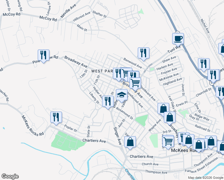 map of restaurants, bars, coffee shops, grocery stores, and more near 1138a Dohrman Street in McKees Rocks