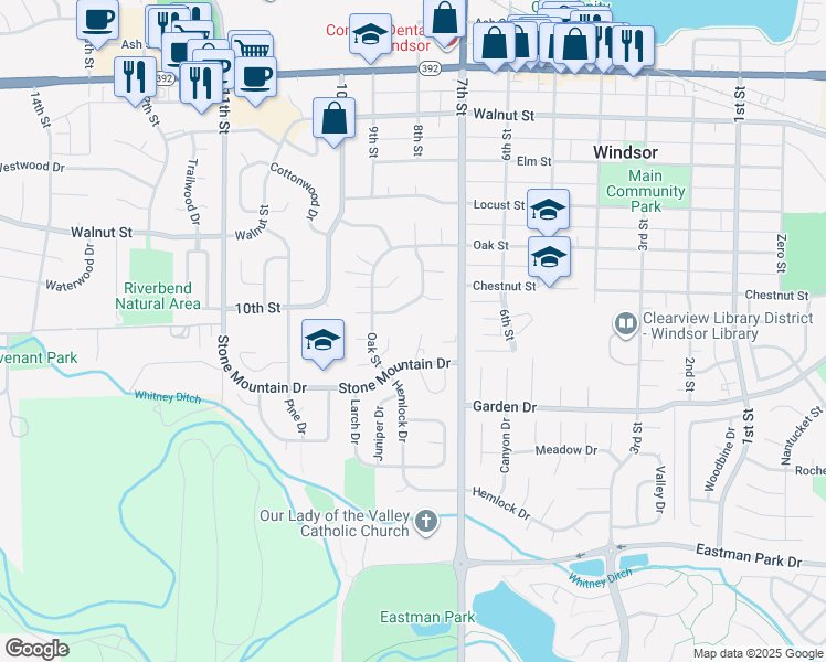 map of restaurants, bars, coffee shops, grocery stores, and more near 832 Stone Mountain Court in Windsor