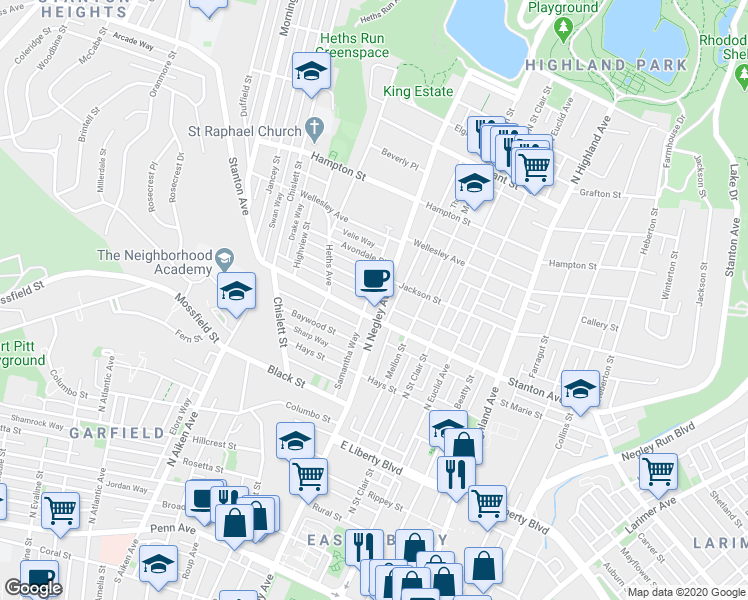 map of restaurants, bars, coffee shops, grocery stores, and more near in Pittsburgh