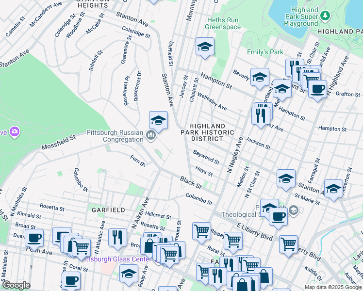 map of restaurants, bars, coffee shops, grocery stores, and more near 715 Chislett Street in Pittsburgh