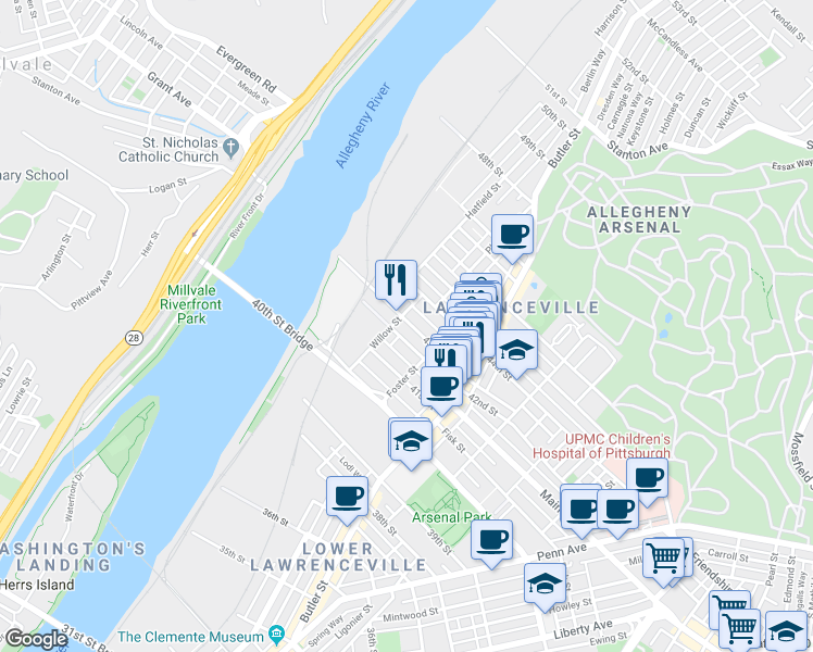 map of restaurants, bars, coffee shops, grocery stores, and more near 145 42nd Street in Pittsburgh