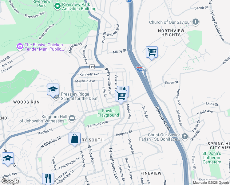map of restaurants, bars, coffee shops, grocery stores, and more near 10 Ellzey Street in Pittsburgh