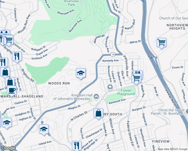 map of restaurants, bars, coffee shops, grocery stores, and more near 428 Marshall Avenue in Pittsburgh