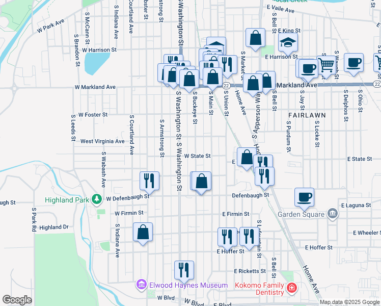 map of restaurants, bars, coffee shops, grocery stores, and more near 1315 South Buckeye Street in Kokomo