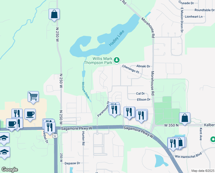 map of restaurants, bars, coffee shops, grocery stores, and more near 2114 Puget Drive in West Lafayette