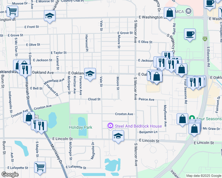 map of restaurants, bars, coffee shops, grocery stores, and more near 5 Randall Drive in Bloomington
