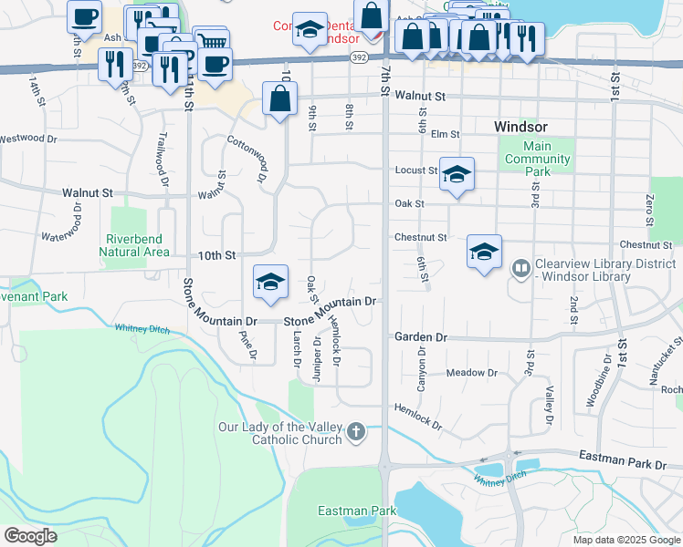 map of restaurants, bars, coffee shops, grocery stores, and more near 832 Stone Mountain Court in Windsor