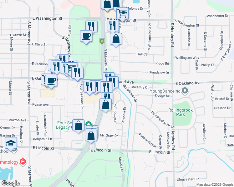 map of restaurants, bars, coffee shops, grocery stores, and more near 607 Arcadia Drive in Bloomington
