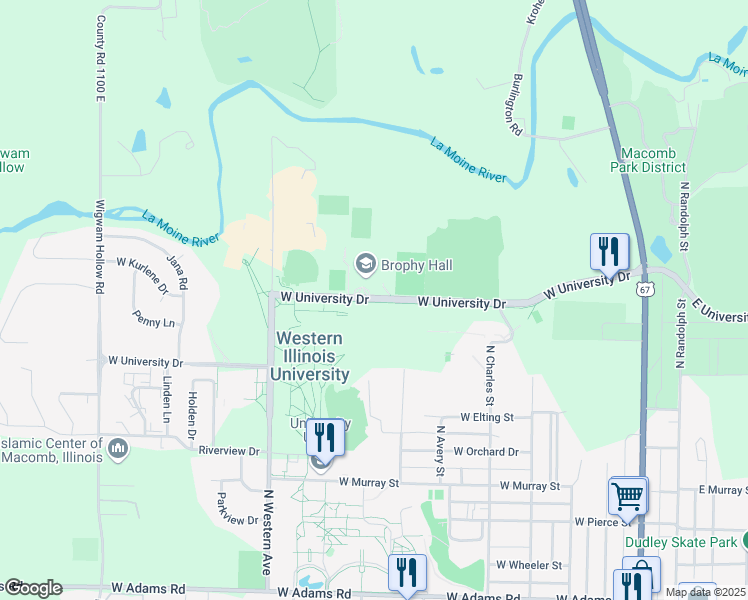 map of restaurants, bars, coffee shops, grocery stores, and more near West University Drive in Macomb