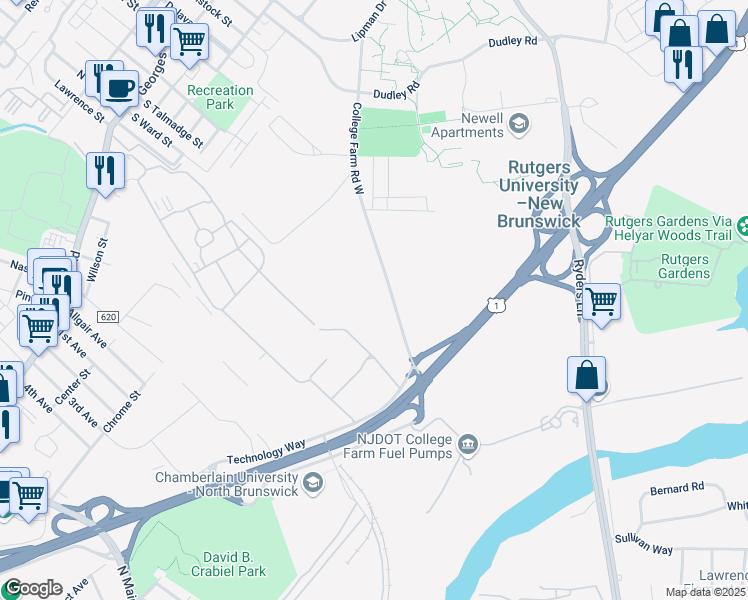 map of restaurants, bars, coffee shops, grocery stores, and more near Ag Extension Way in New Brunswick