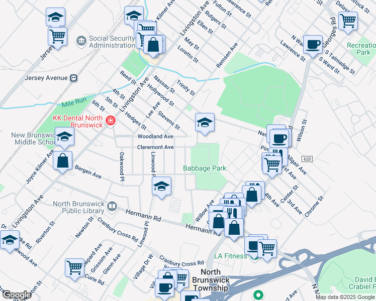 map of restaurants, bars, coffee shops, grocery stores, and more near 60 Cleremont Avenue in North Brunswick Township