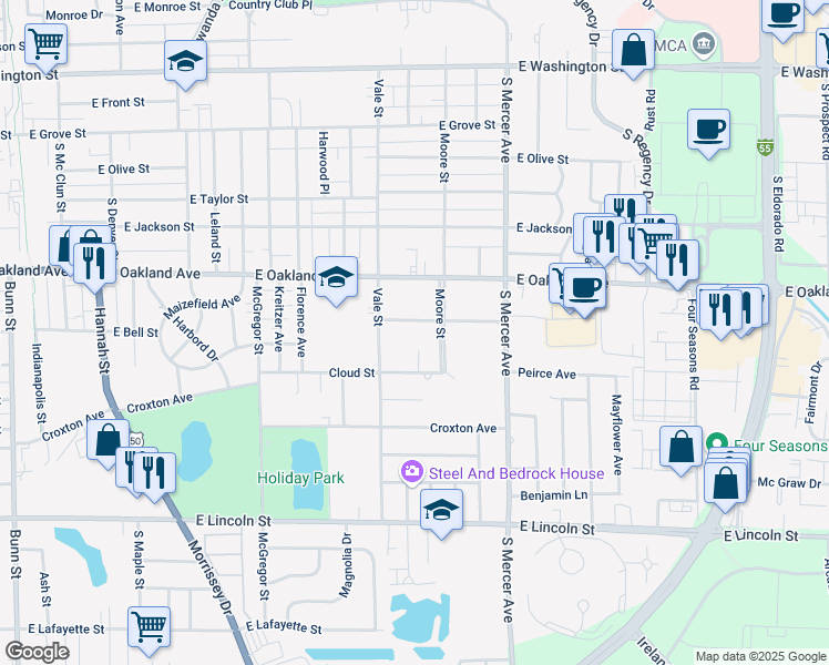 map of restaurants, bars, coffee shops, grocery stores, and more near 5 Randall Drive in Bloomington
