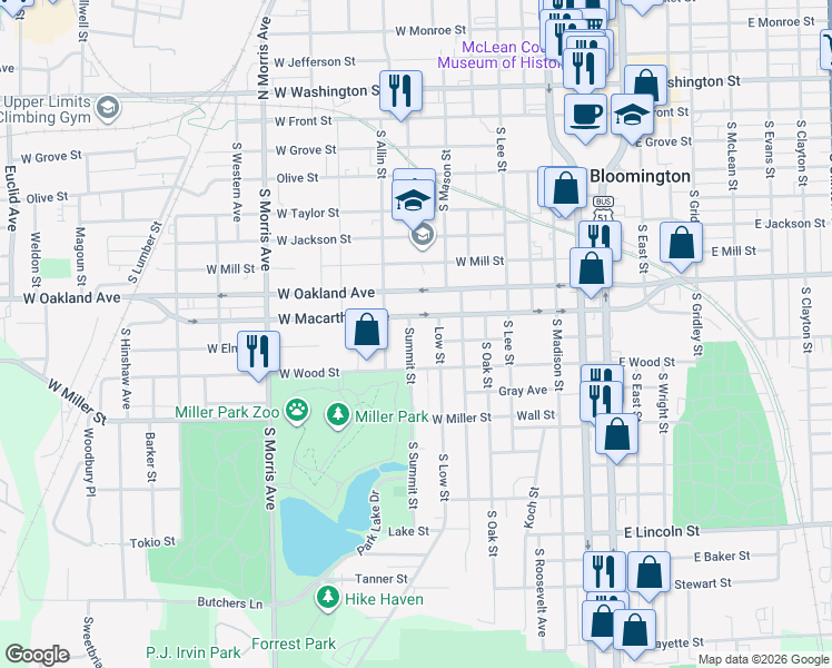 map of restaurants, bars, coffee shops, grocery stores, and more near 806 Summit Street in Bloomington