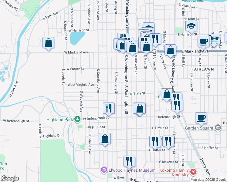 map of restaurants, bars, coffee shops, grocery stores, and more near 1316 S Webster St in Kokomo
