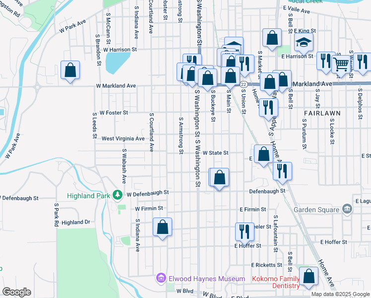 map of restaurants, bars, coffee shops, grocery stores, and more near 349 West Virginia Avenue in Kokomo