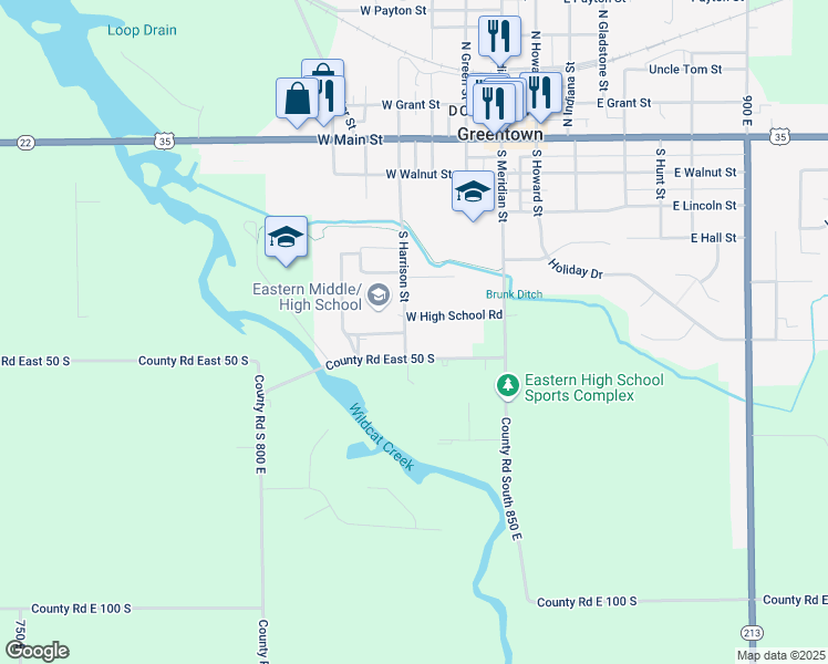 map of restaurants, bars, coffee shops, grocery stores, and more near 314 West High School Road in Greentown
