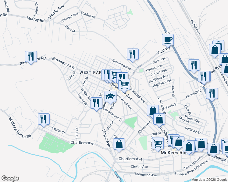 map of restaurants, bars, coffee shops, grocery stores, and more near 732 Broadway Avenue in McKees Rocks