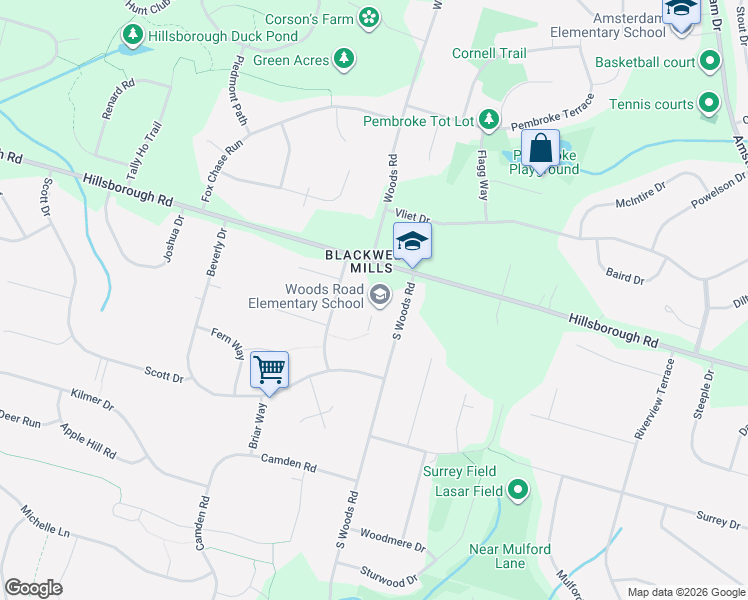 map of restaurants, bars, coffee shops, grocery stores, and more near 401 South Woods Road in Hillsborough Township