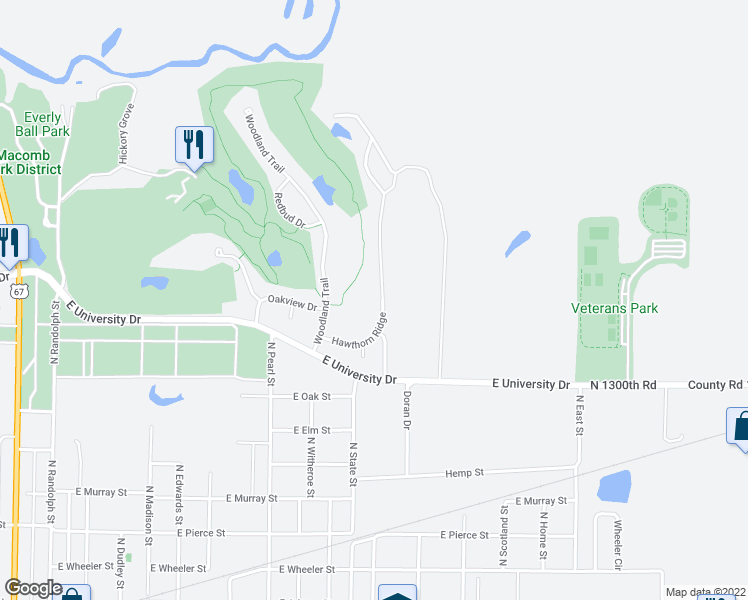 map of restaurants, bars, coffee shops, grocery stores, and more near 1123 Hawthorn Ridge in Macomb