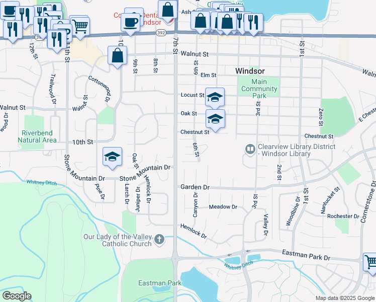 map of restaurants, bars, coffee shops, grocery stores, and more near 615 Chestnut Street in Windsor