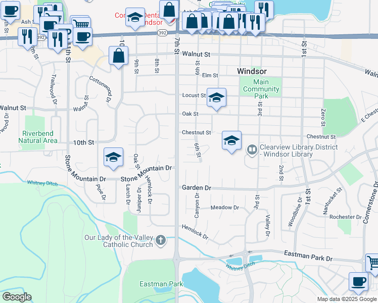 map of restaurants, bars, coffee shops, grocery stores, and more near 615 Chestnut Street in Windsor
