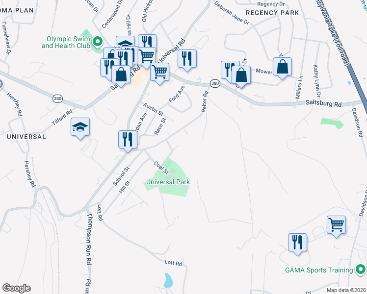 map of restaurants, bars, coffee shops, grocery stores, and more near 2720 Reiter Road in Pittsburgh